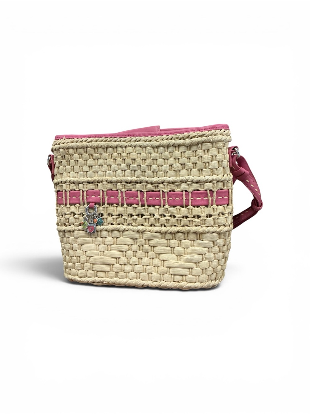 Woven Straw Crossbody Bag with Pink Trim